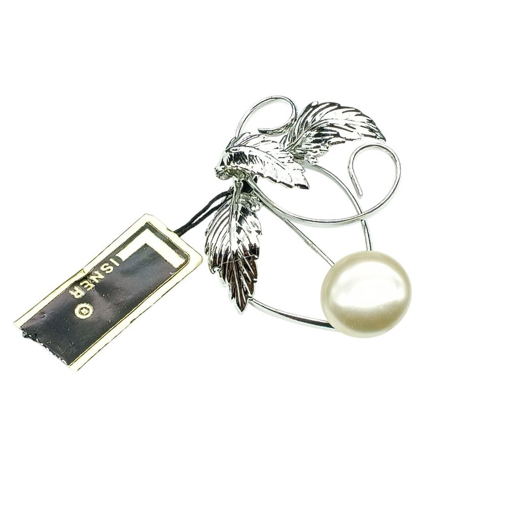 Vintage Lisner Silver-Tone Leaf Brooch with Elegant Faux Pearl Accent